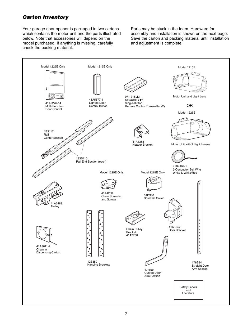 Carton inventory | Chamberlain 1215E FS2 User Manual | Page 7 / 80