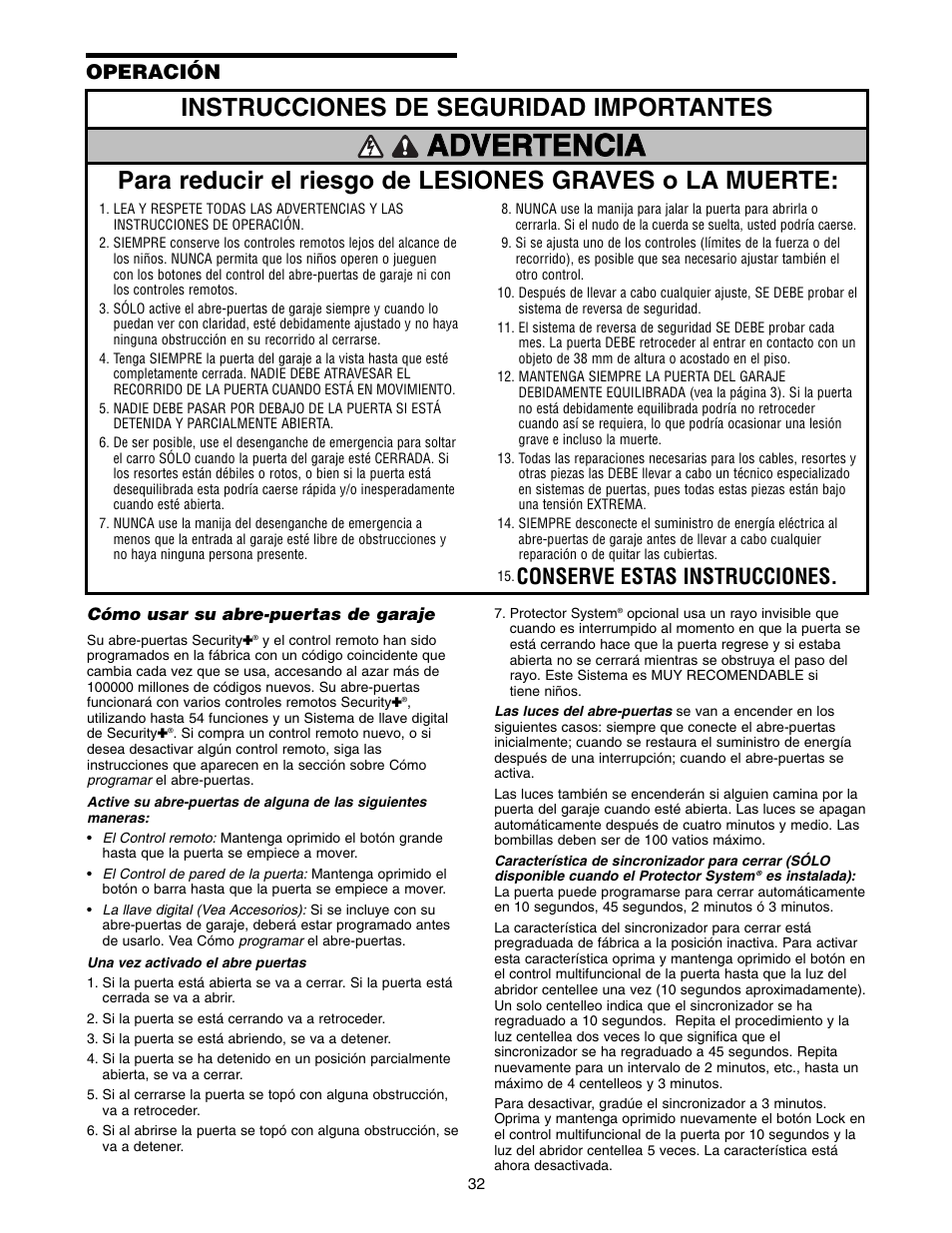 Operación, Cómo usar su abre-puertas de garaje, Advertencia | Conserve estas instrucciones | Chamberlain 1215E FS2 User Manual | Page 72 / 80