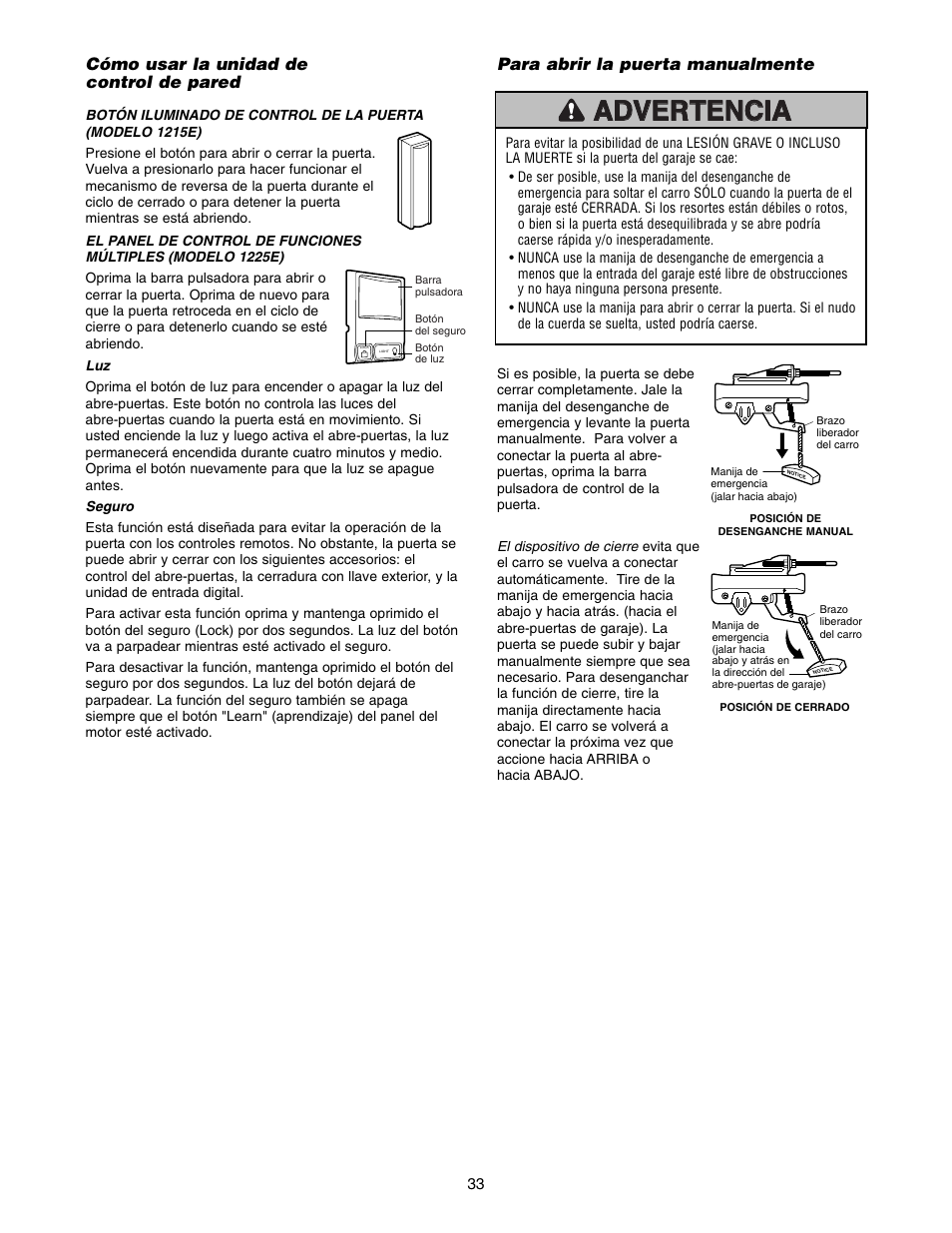 Cómo usar la unidad de control de pared | Chamberlain 1215E FS2 User Manual | Page 73 / 80