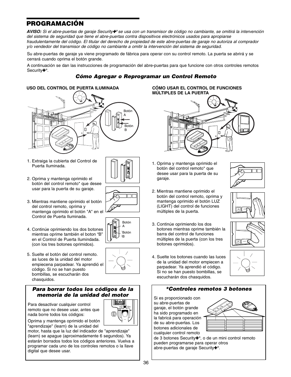 Como programar el abre-puertas, Cómo agregar un control remoto adicional, Programación | Controles remotos 3 botones, Cómo agregar o reprogramar un control remoto | Chamberlain 1215E FS2 User Manual | Page 76 / 80