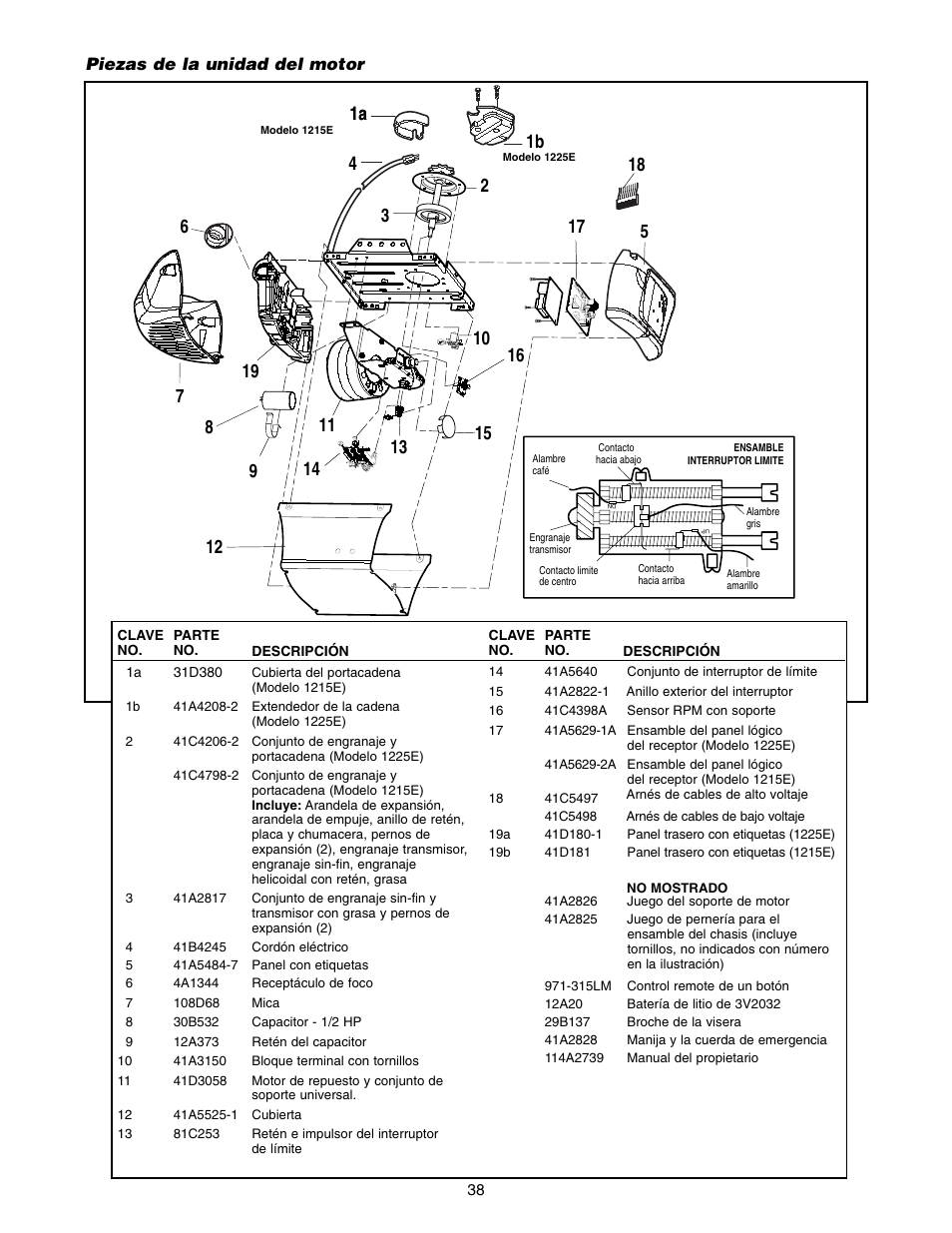 Piezas de la unidad del motor | Chamberlain 1215E FS2 User Manual | Page 78 / 80