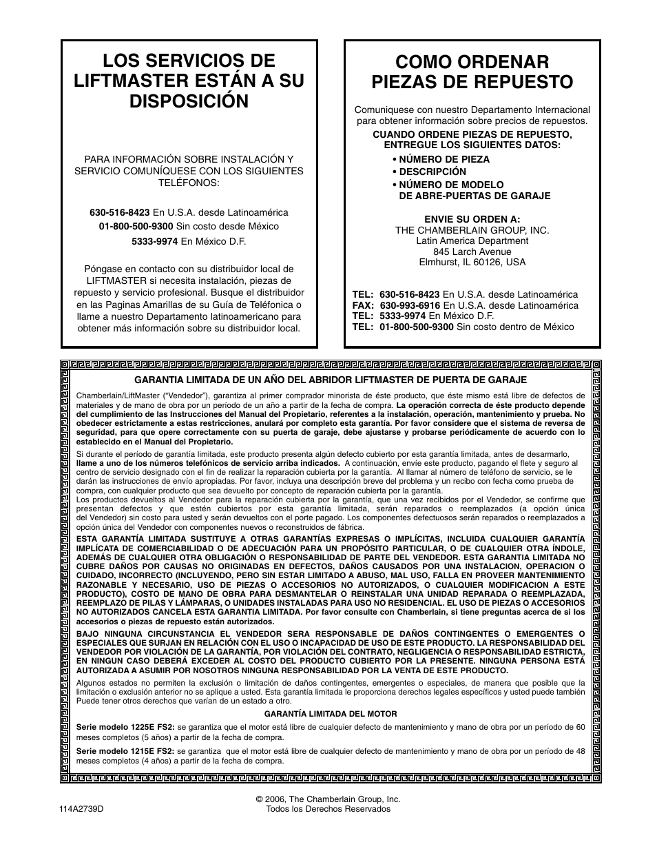 Garantia, Los servicios de liftmaster están a su disposición, Como ordenar piezas de repuesto | Chamberlain 1215E FS2 User Manual | Page 80 / 80
