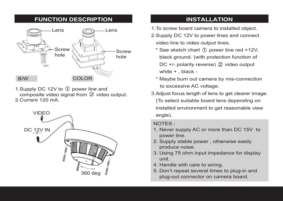 Function description, Installation | Eneo VKC-1332/3.6SMD User Manual | Page 4 / 11