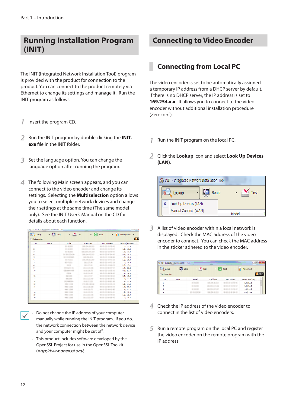 Running installation program (init), Connecting to video encoder, Connecting from local pc | Eneo PLS-5304 User Manual | Page 12 / 34