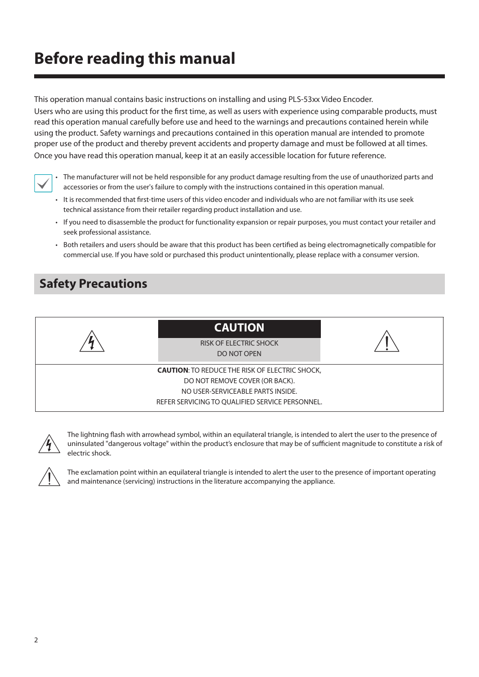 Before reading this manual, Safety precautions, Caution | Eneo PLS-5304 User Manual | Page 2 / 34
