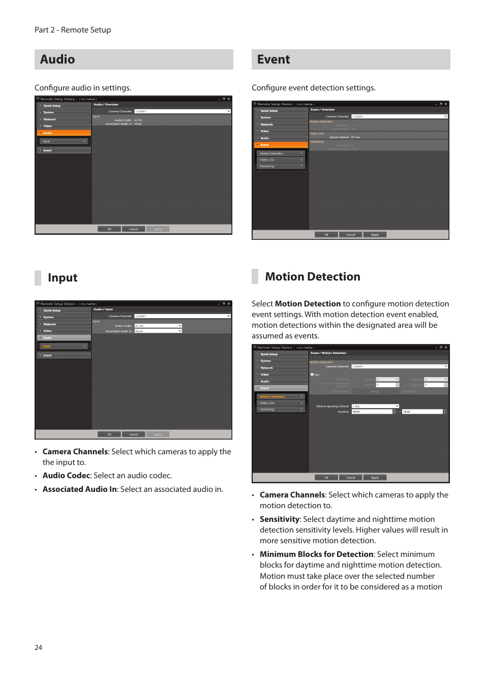 Audio, Event, Input | Motion detection | Eneo PLS-5304 User Manual | Page 24 / 34