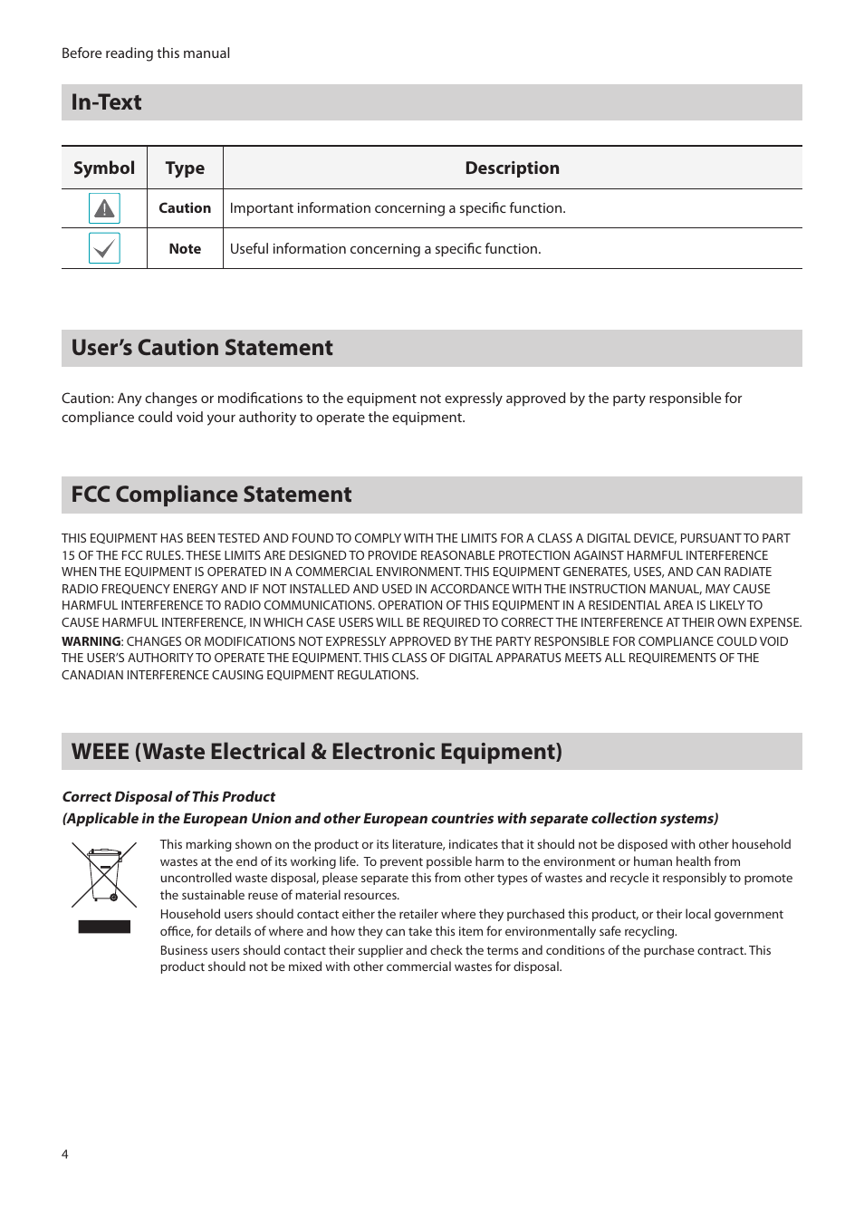 In-text, User’s caution statement, Fcc compliance statement | Weee (waste electrical & electronic equipment) | Eneo PLS-5304 User Manual | Page 4 / 34