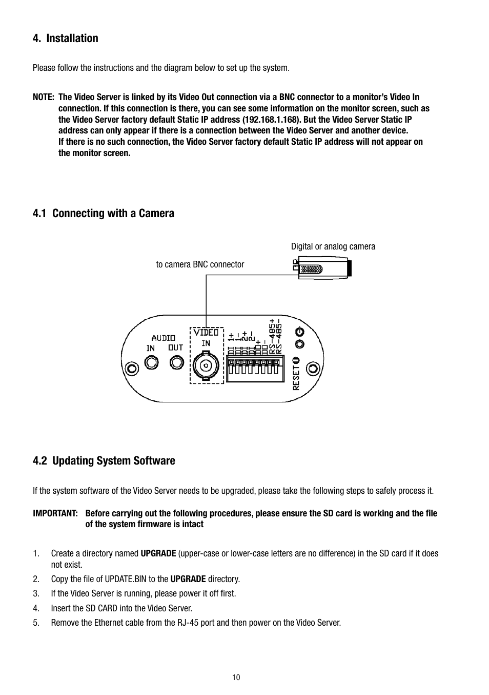 Installation, 1 connecting with a camera, 2 updating system software | Eneo GLS-2302H User Manual | Page 10 / 84