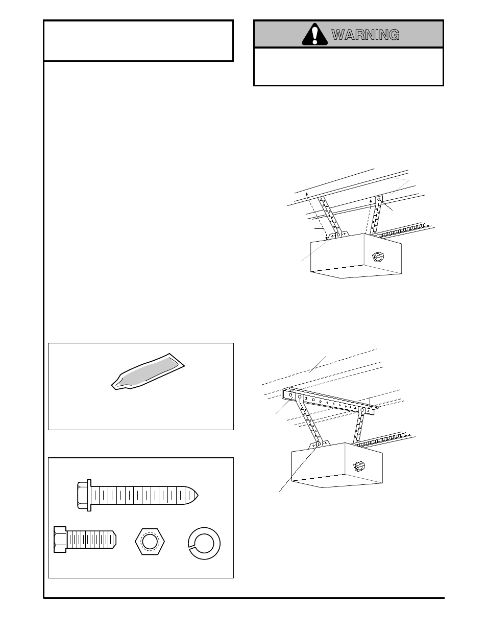 5) hang the opener, Warning, Installation step 5 | Hang the opener, Figure 1 figure 2 | Chamberlain Series 1200 User Manual | Page 13 / 36