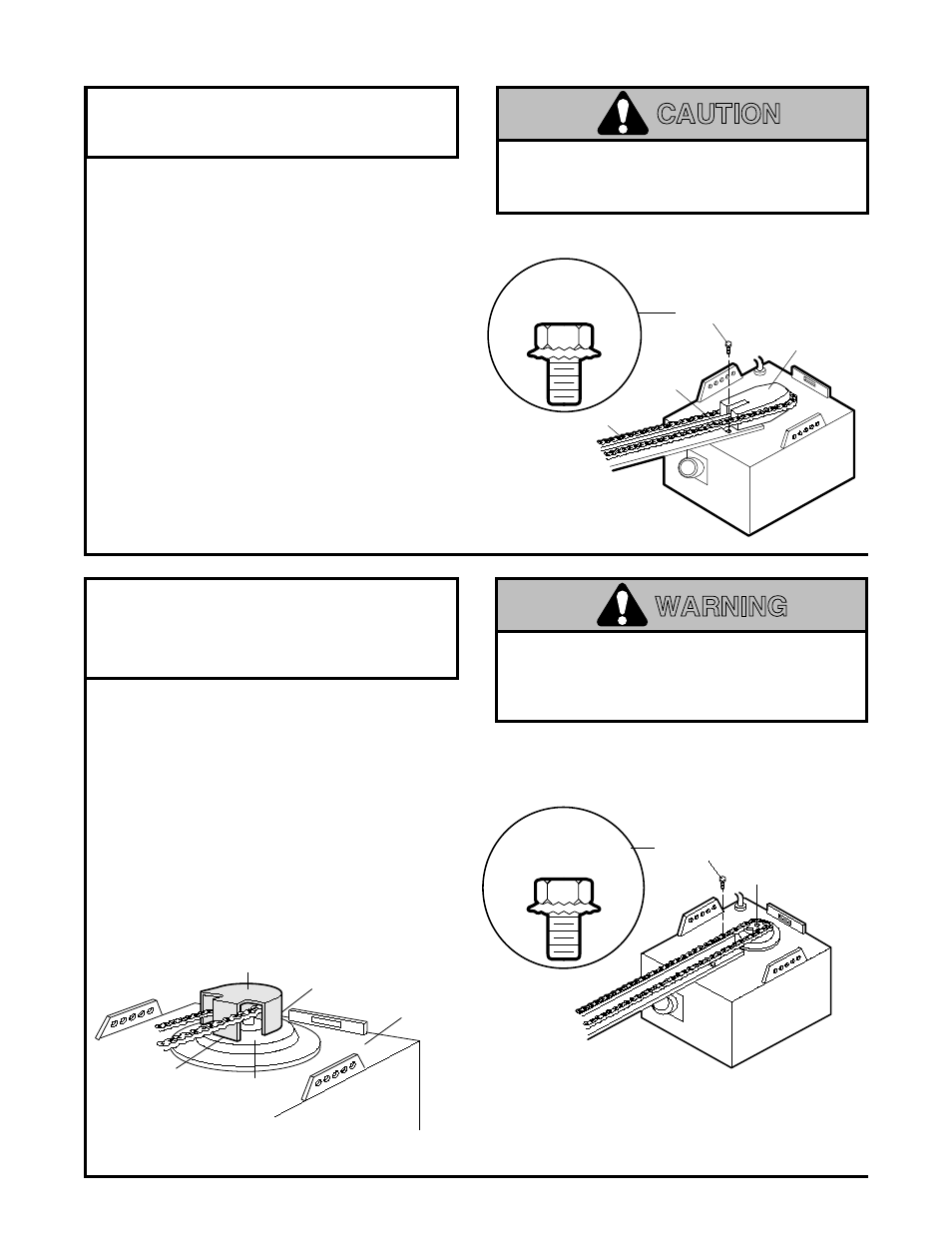 Assembly section, 1) attach the t-rail to the opener, Caution | Warning, Assembly step 1, Assembly step 2, Attach the t-rail to the opener, Proceed to assembly step 3, page 7 | Chamberlain Series 1200 User Manual | Page 6 / 36