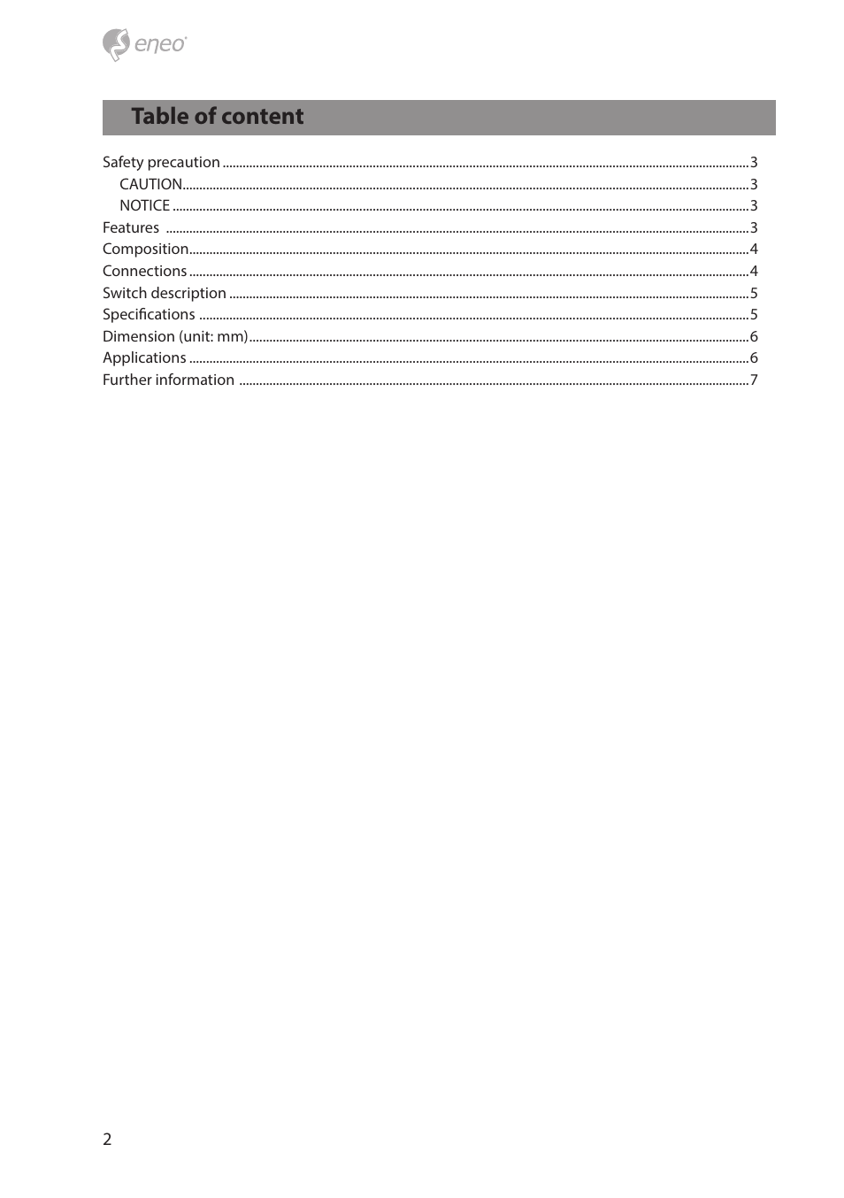 Table of content | Eneo HDA-3000E User Manual | Page 2 / 8