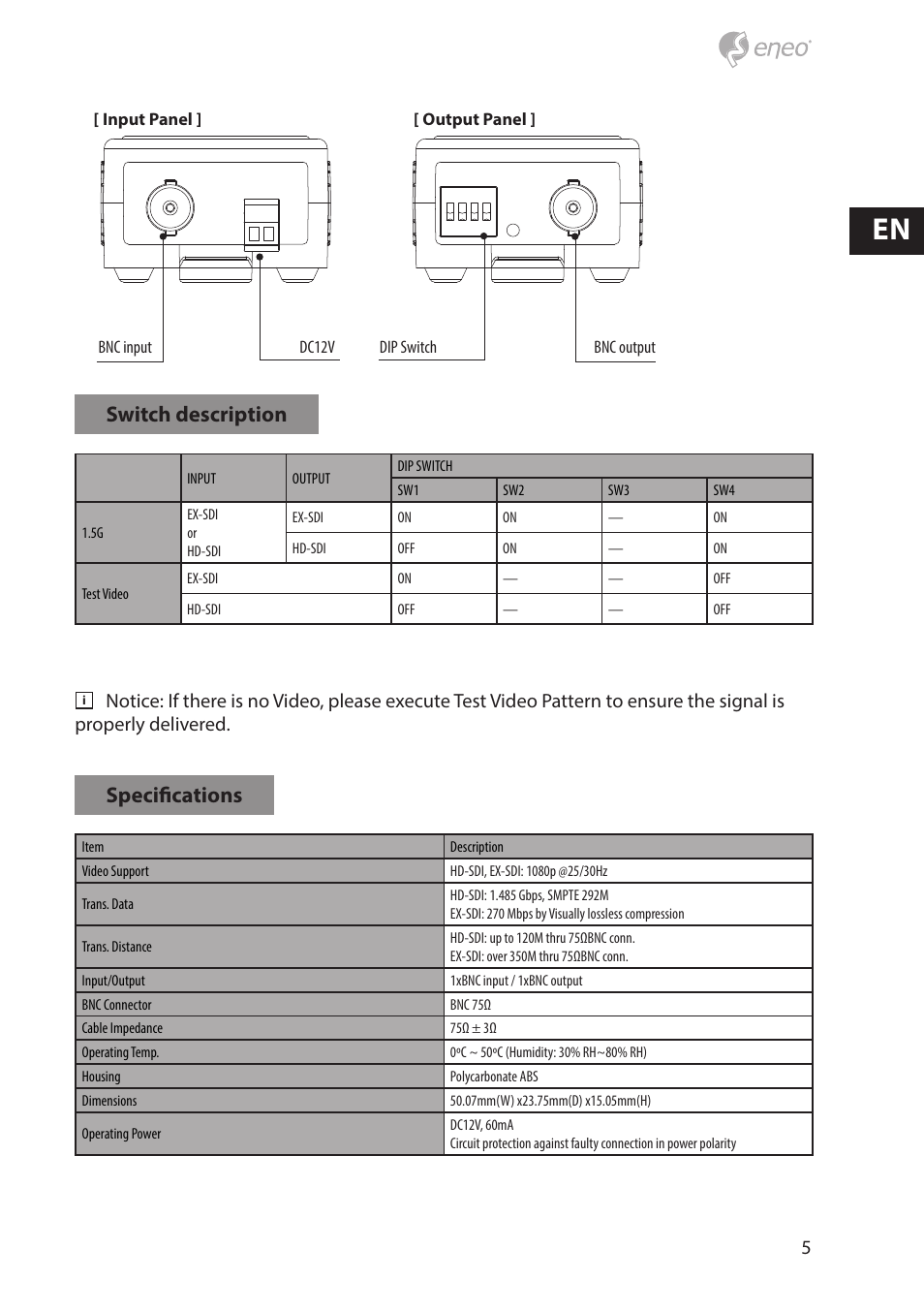 Switch description, Specifications | Eneo HDA-3000E User Manual | Page 5 / 8