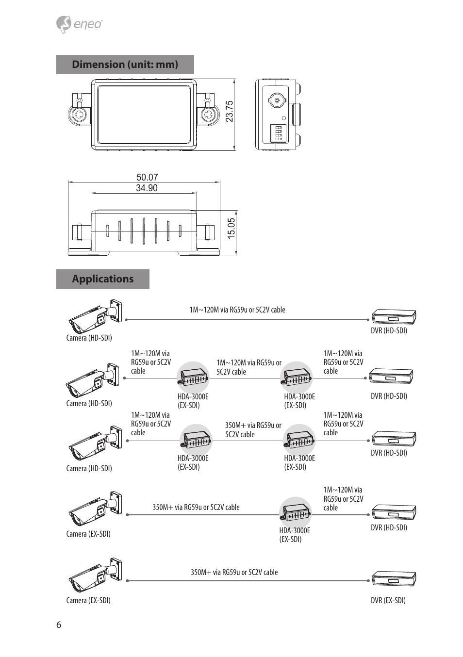 Dimension (unit: mm), Applications | Eneo HDA-3000E User Manual | Page 6 / 8