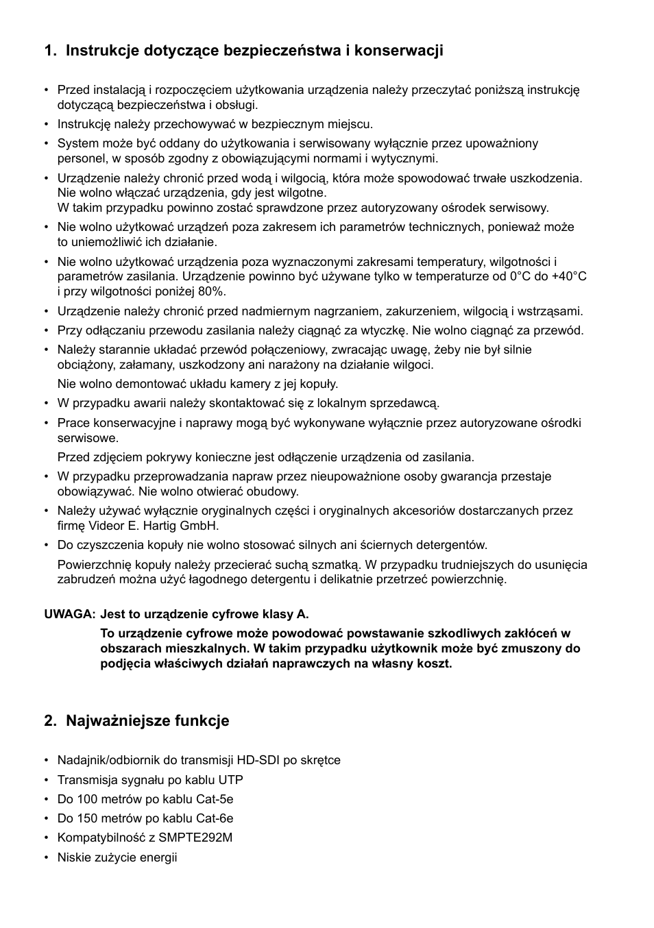 Instrukcje dotyczące bezpieczeństwa i konserwacji, Najważniejsze funkcje | Eneo HDA-1020TRB User Manual | Page 14 / 36