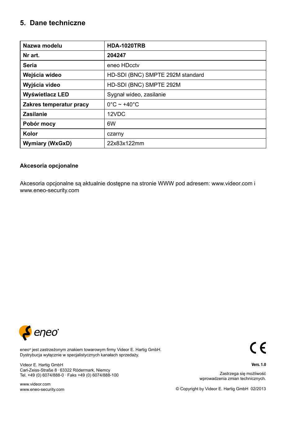 Dane techniczne | Eneo HDA-1020TRB User Manual | Page 16 / 36