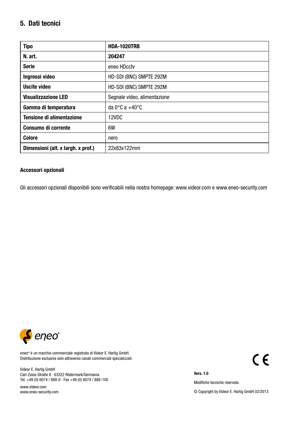 Dati tecnici | Eneo HDA-1020TRB User Manual | Page 24 / 36