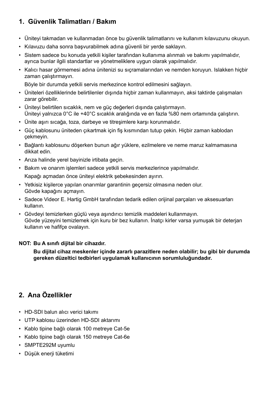 Ana özellikler, Güvenlik talimatları / bakım | Eneo HDA-1020TRB User Manual | Page 30 / 36