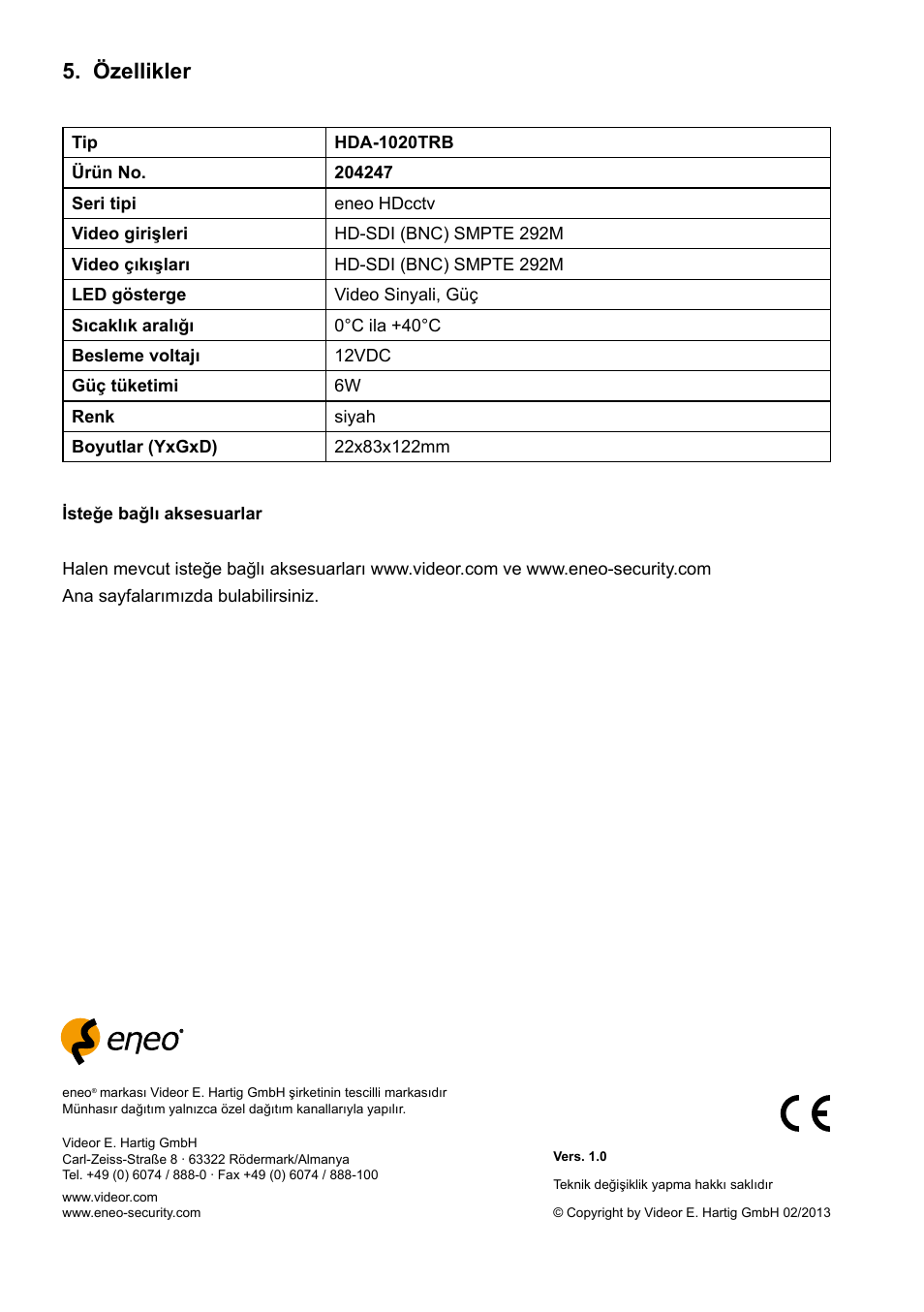 Özellikler | Eneo HDA-1020TRB User Manual | Page 32 / 36