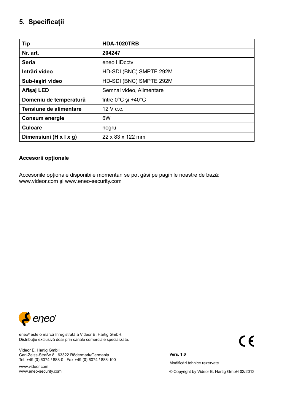 Specificaţii | Eneo HDA-1020TRB User Manual | Page 36 / 36