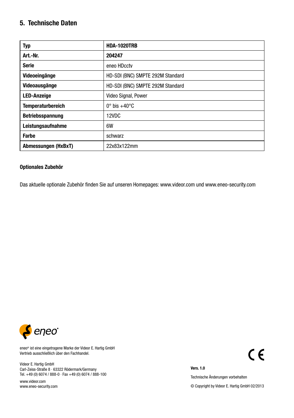 Technische daten | Eneo HDA-1020TRB User Manual | Page 4 / 36