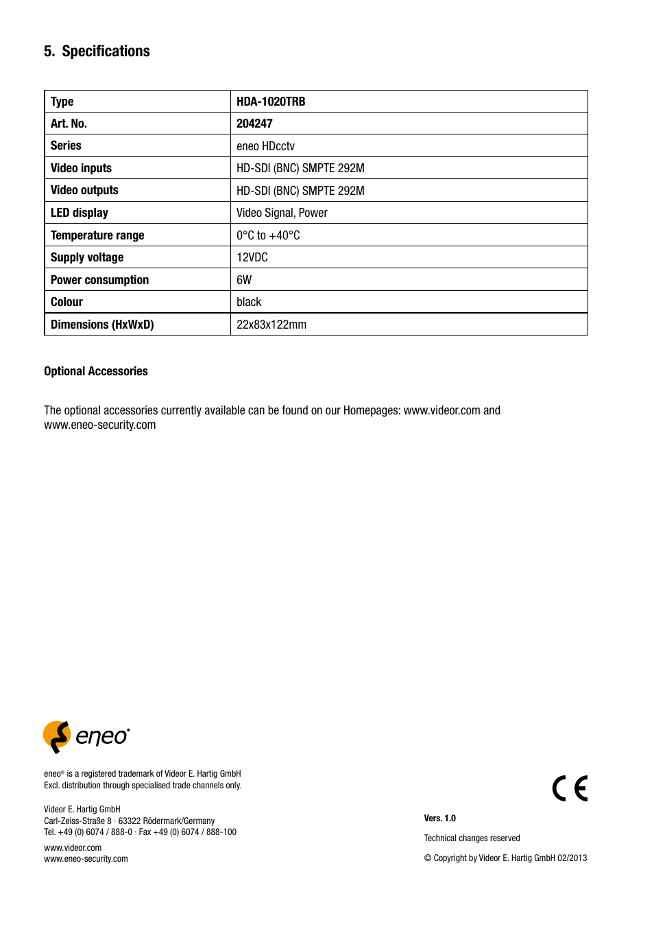 Specifications | Eneo HDA-1020TRB User Manual | Page 8 / 36