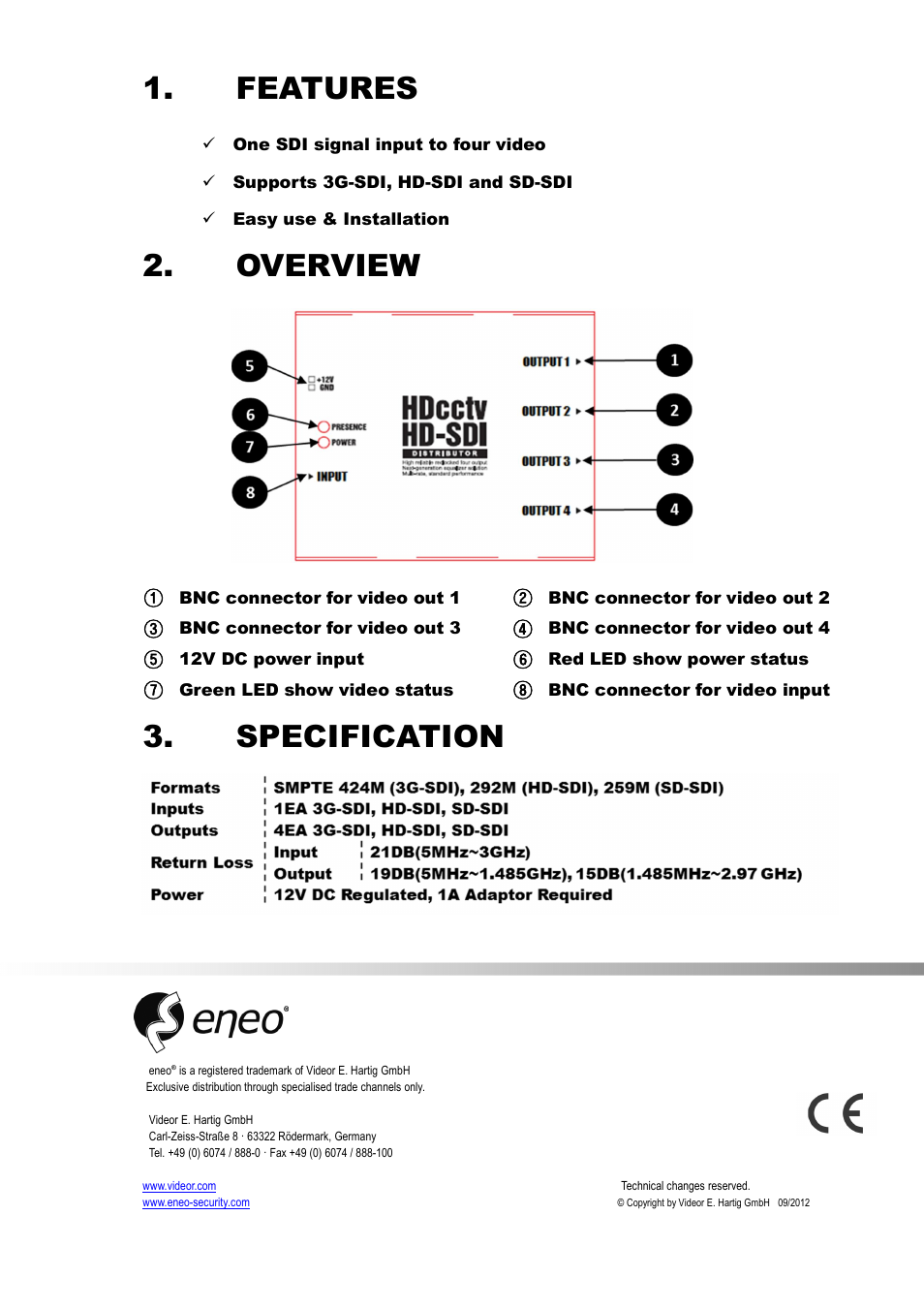 Features, Overview, Specification | Eneo HDA-1004D User Manual | Page 2 / 2