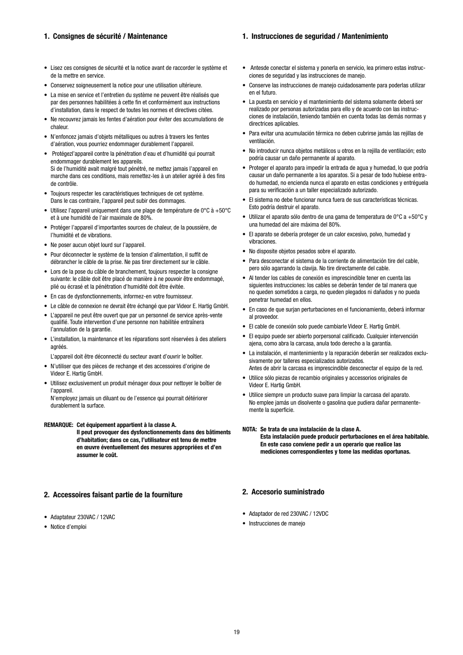 Consignes de sécurité / maintenance, Accessoires faisant partie de la fourniture, Instrucciones de seguridad / mantenimiento | Accesorio suministrado | Eneo VCQ-6057 User Manual | Page 19 / 36