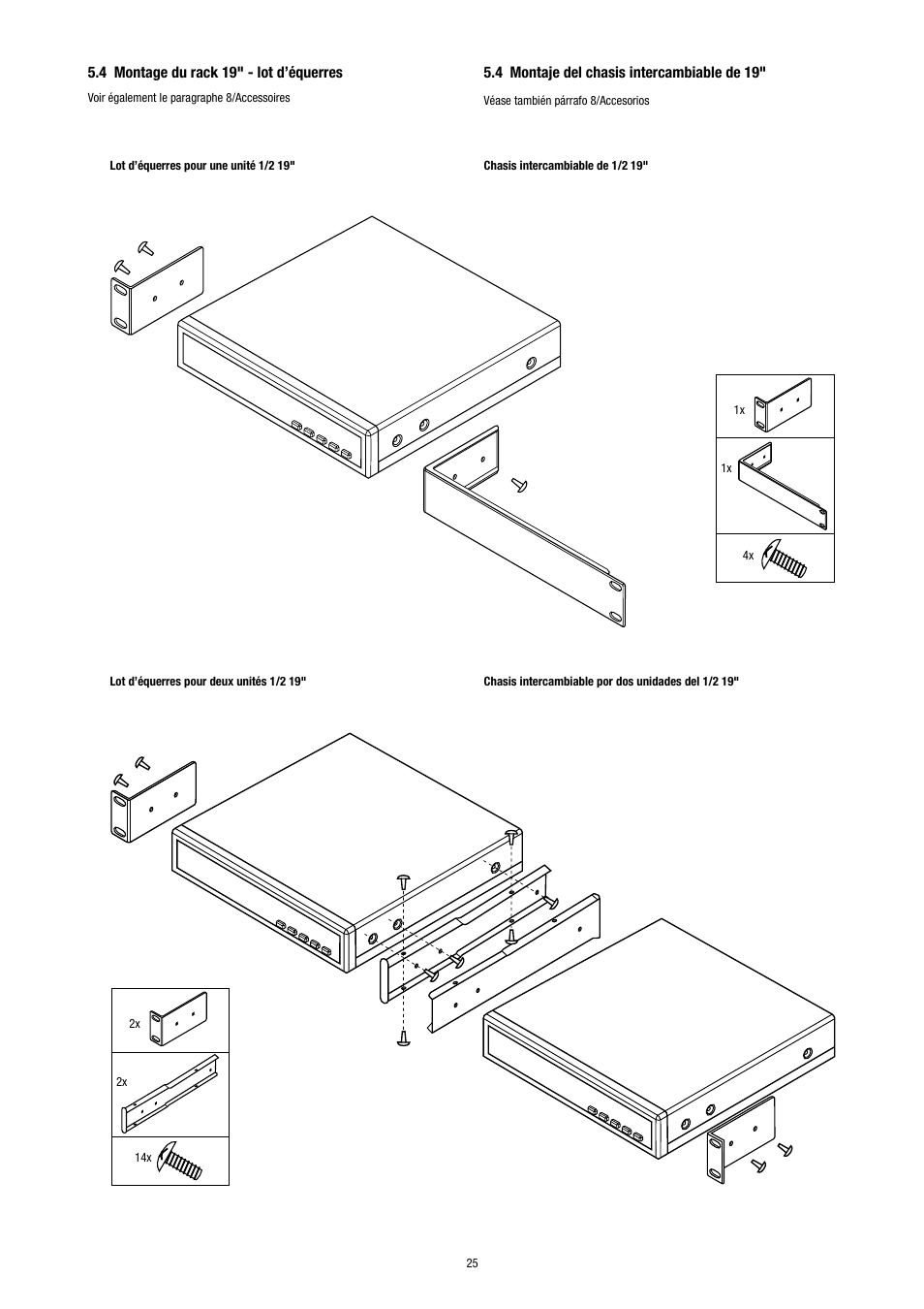 4 montage du rack 19" - lot d’équerres, 4 montaje del chasis intercambiable de 19 | Eneo VCQ-6057 User Manual | Page 25 / 36