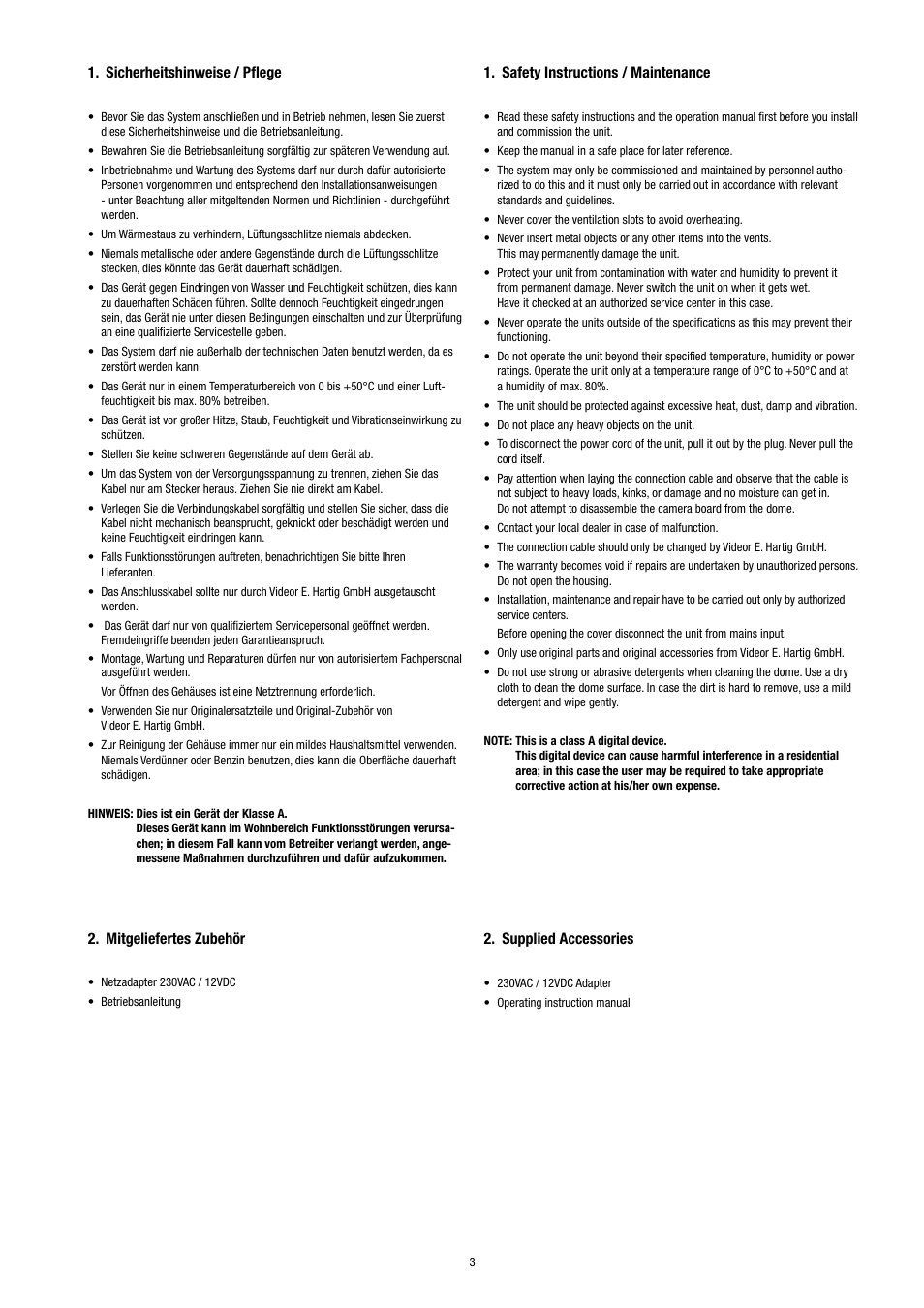 Sicherheitshinweise / pflege, Mitgeliefertes zubehör, Safety instructions / maintenance | Supplied accessories | Eneo VCQ-6057 User Manual | Page 3 / 36