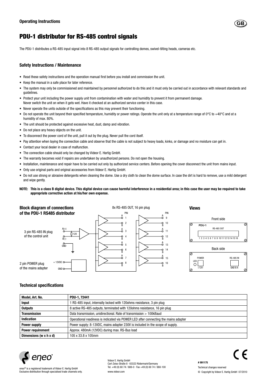 Pdu-1 distributor for rs-485 control signals, Operating instructions, Technical specifications | Safety instructions / maintenance, Views | Eneo PDU-1 User Manual | Page 2 / 4