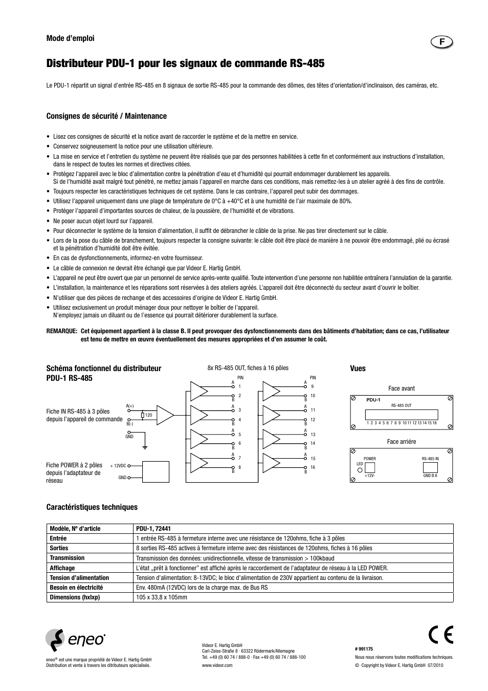 Caractéristiques techniques vues, Schéma fonctionnel du distributeur pdu-1 rs-485, Mode d’emploi | Consignes de sécurité / maintenance | Eneo PDU-1 User Manual | Page 3 / 4