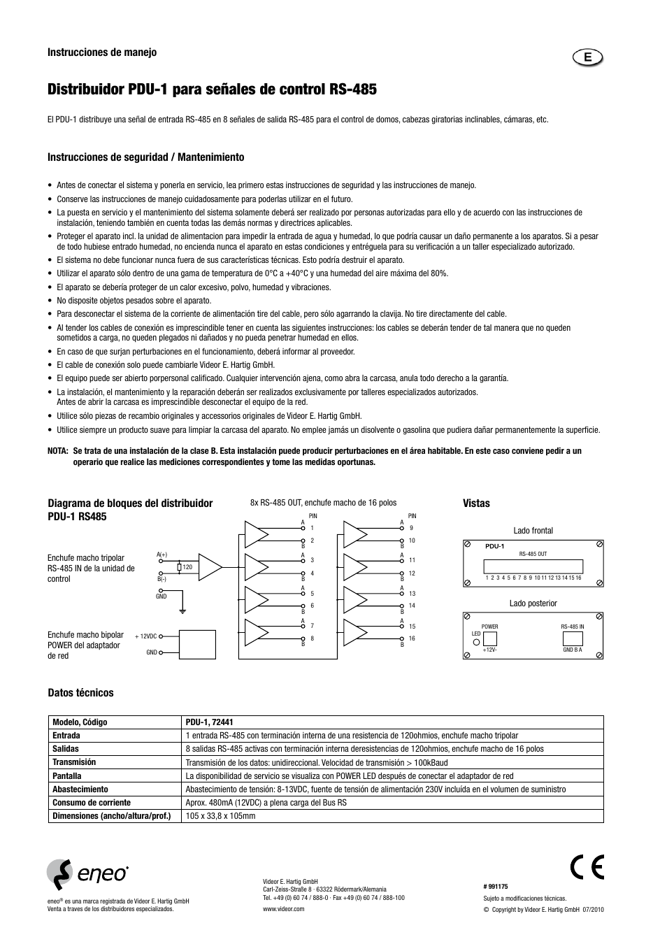 Distribuidor pdu-1 para señales de control rs-485, Instrucciones de manejo, Datos técnicos vistas | Diagrama de bloques del distribuidor pdu-1 rs485, Instrucciones de seguridad / mantenimiento | Eneo PDU-1 User Manual | Page 4 / 4