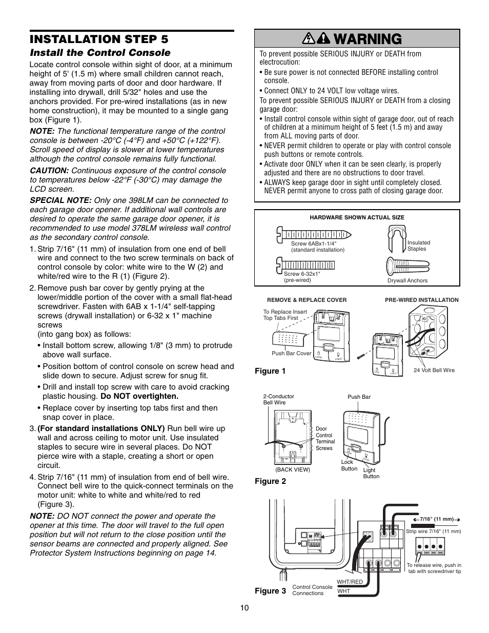 Step 5 install the control console, Warning caution warning warning, Installation step 5 | Install the control console | Chamberlain 3800 User Manual | Page 10 / 32
