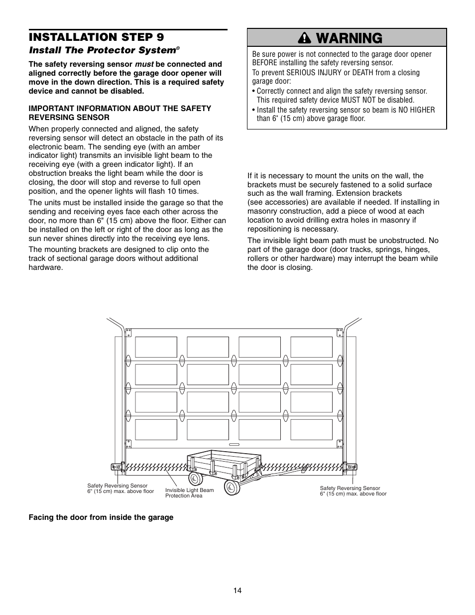 Step 9 install the protector system, Warning caution warning warning, Installation step 9 | Chamberlain 3800 User Manual | Page 14 / 32