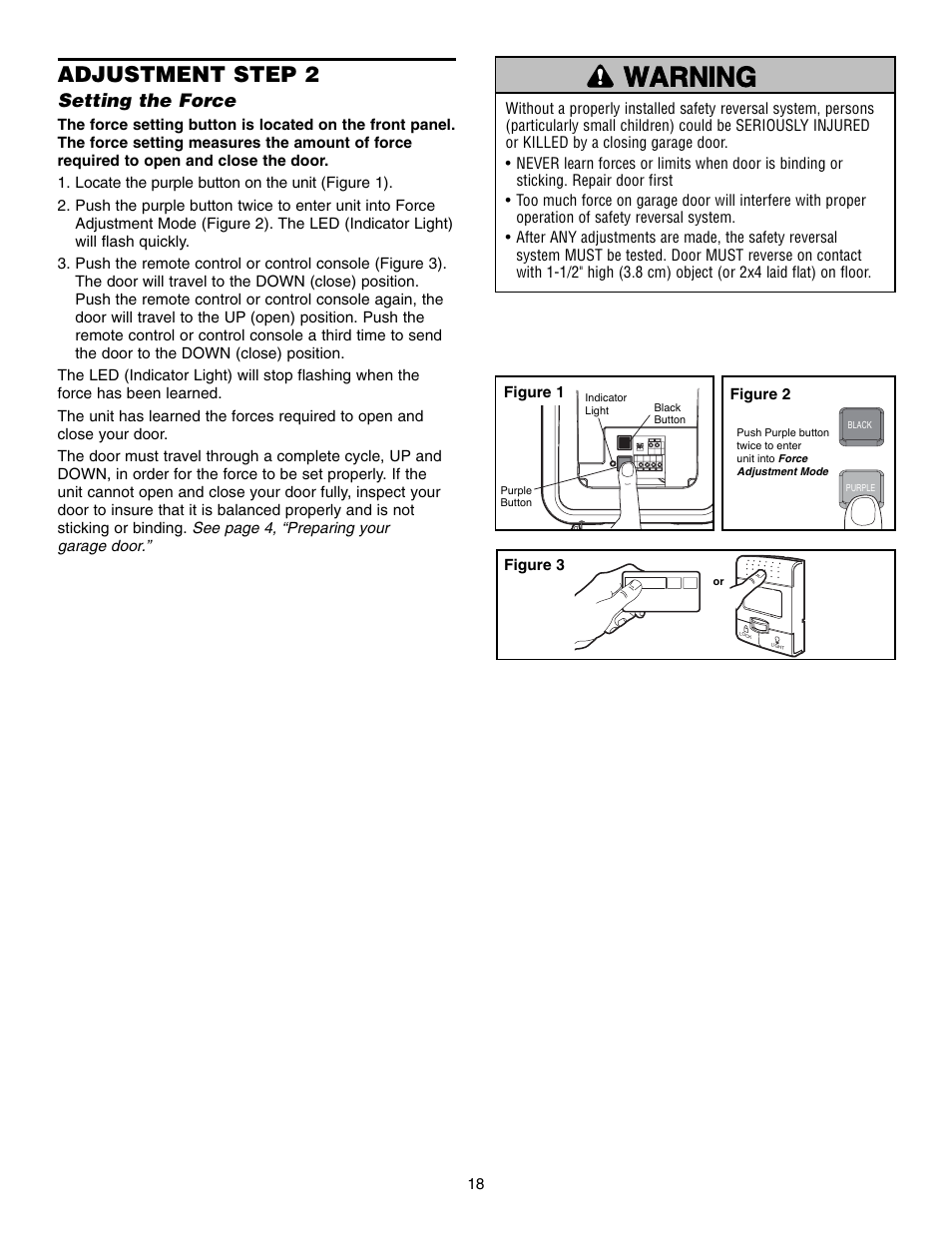Step 2 setting the force, Warning caution warning warning, Adjustment step 2 | Setting the force | Chamberlain 3800 User Manual | Page 18 / 32