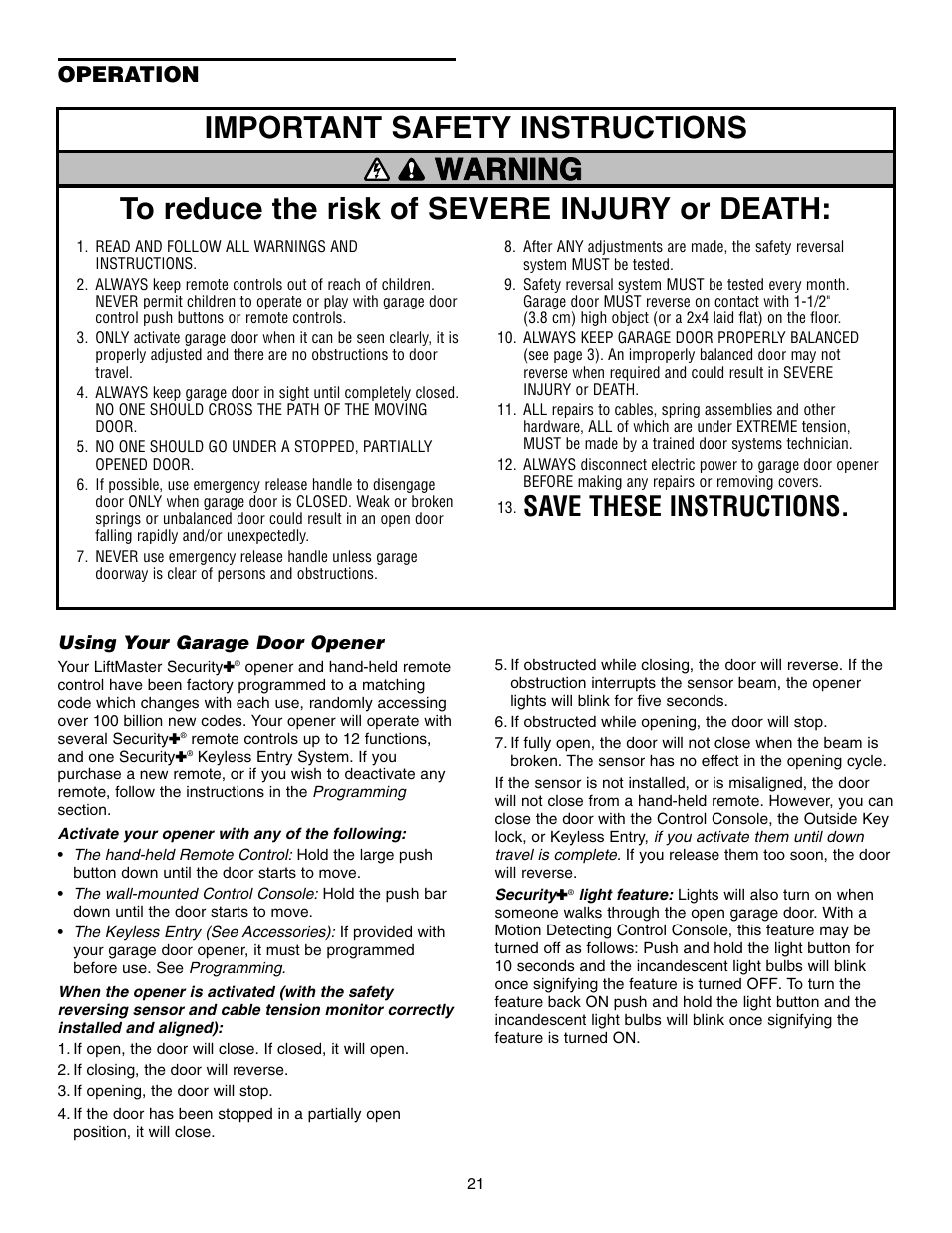 Operation, Using your garage door opener, Save these instructions | Chamberlain 3800 User Manual | Page 21 / 32