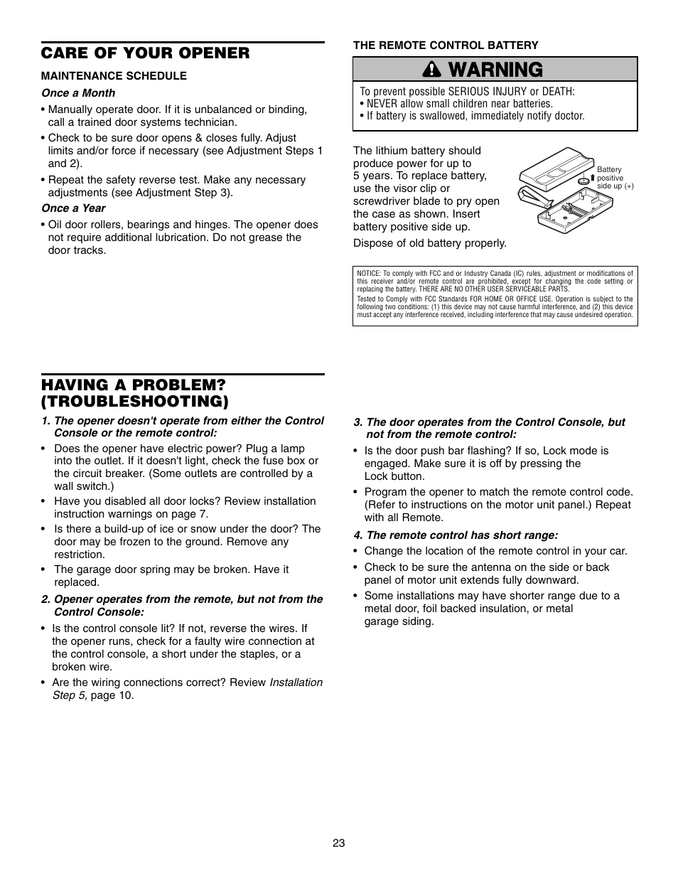 Care of your opener, Having a problem? (troubleshooting), Warning caution warning warning | Chamberlain 3800 User Manual | Page 23 / 32