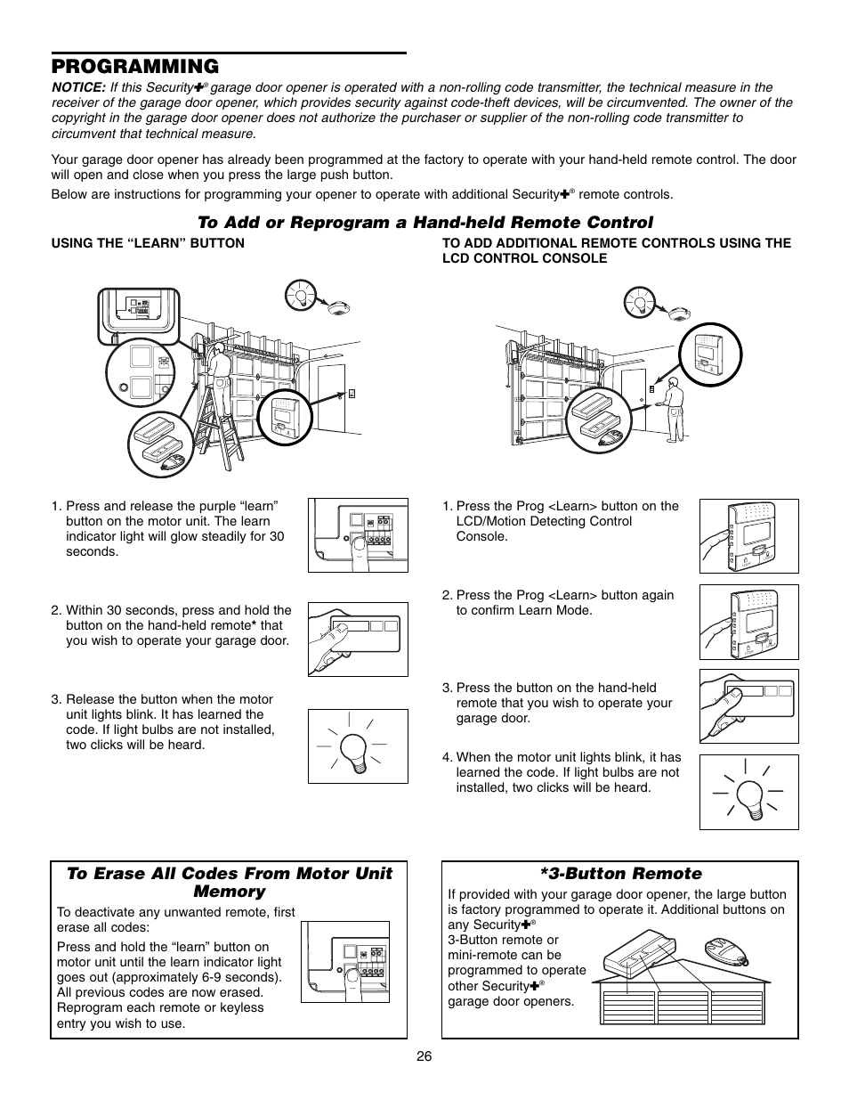 Programming, To erase all codes from motor unit memory, Button remote | Chamberlain 3800 User Manual | Page 26 / 32