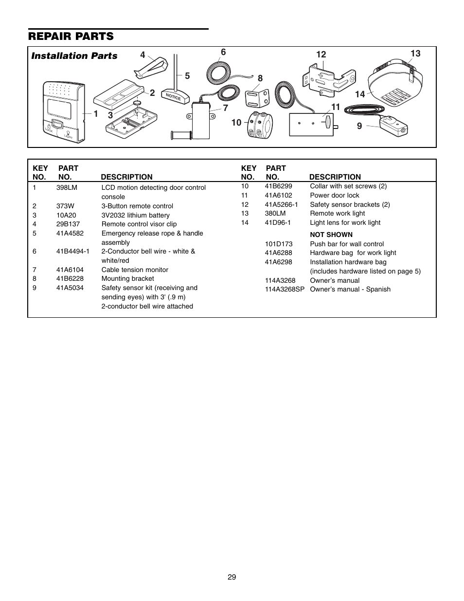 Repair parts, Installation parts | Chamberlain 3800 User Manual | Page 29 / 32
