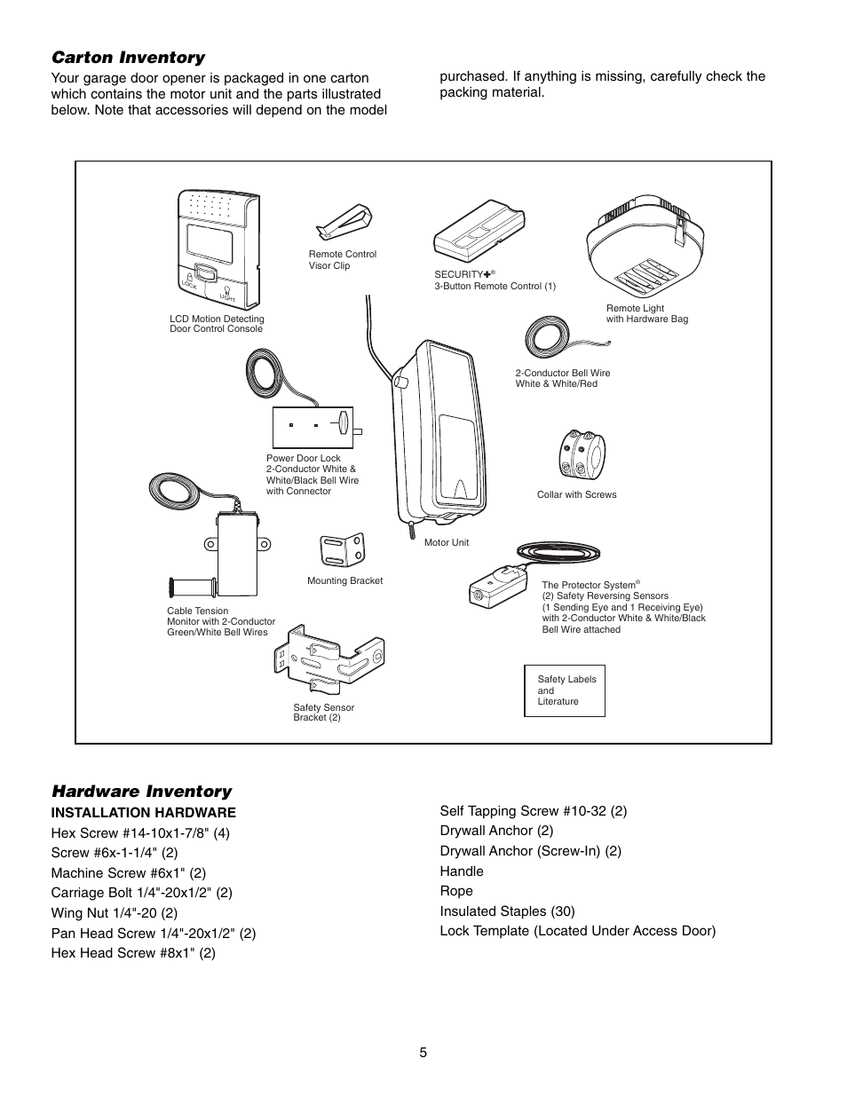 Carton inventory, Hardware inventory | Chamberlain 3800 User Manual | Page 5 / 32