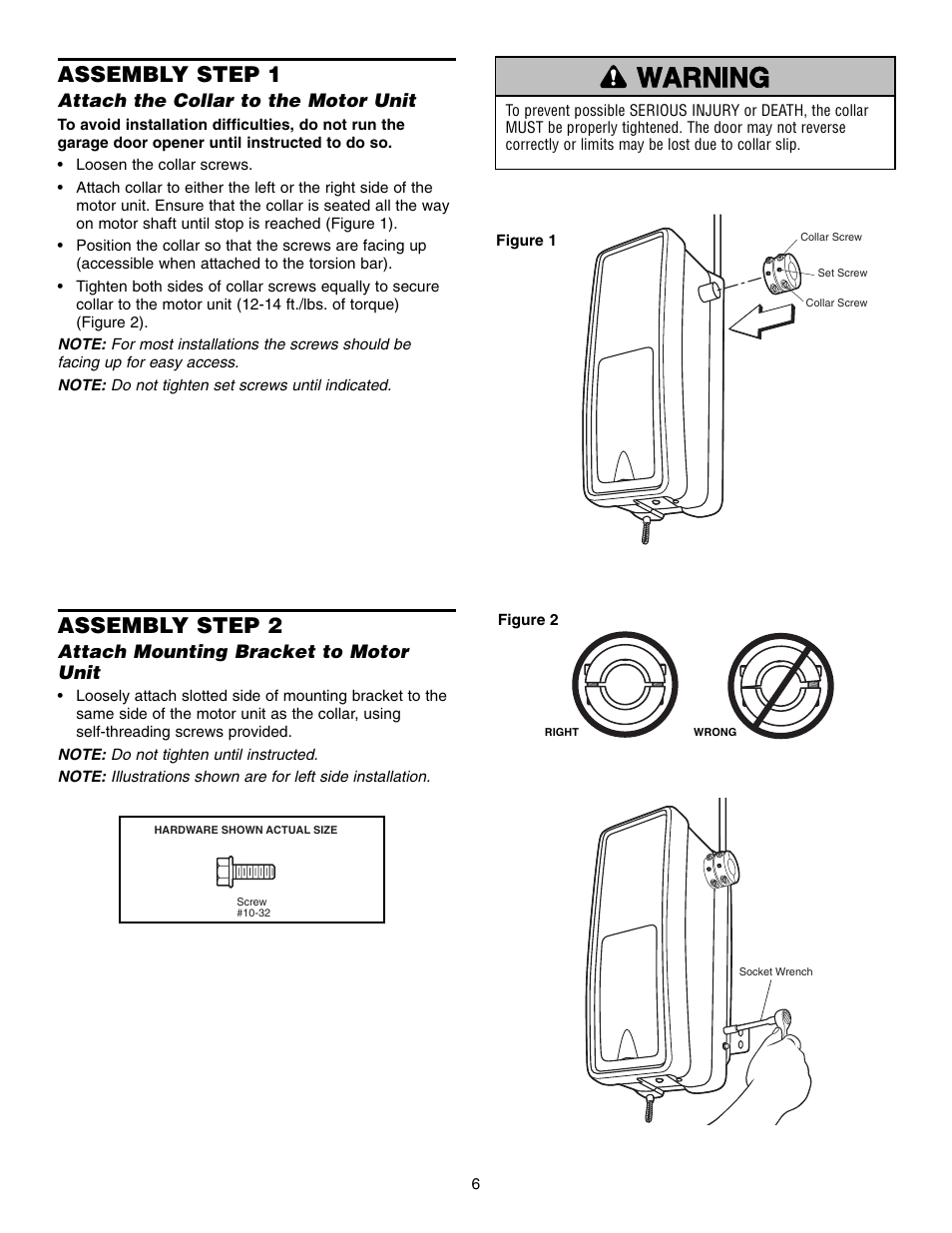 Assembly, Step 1 attach the collar to the motor unit, Step 2 attach mounting bracket to motor unit | Warning caution warning warning, Assembly step 1, Assembly step 2 | Chamberlain 3800 User Manual | Page 6 / 32