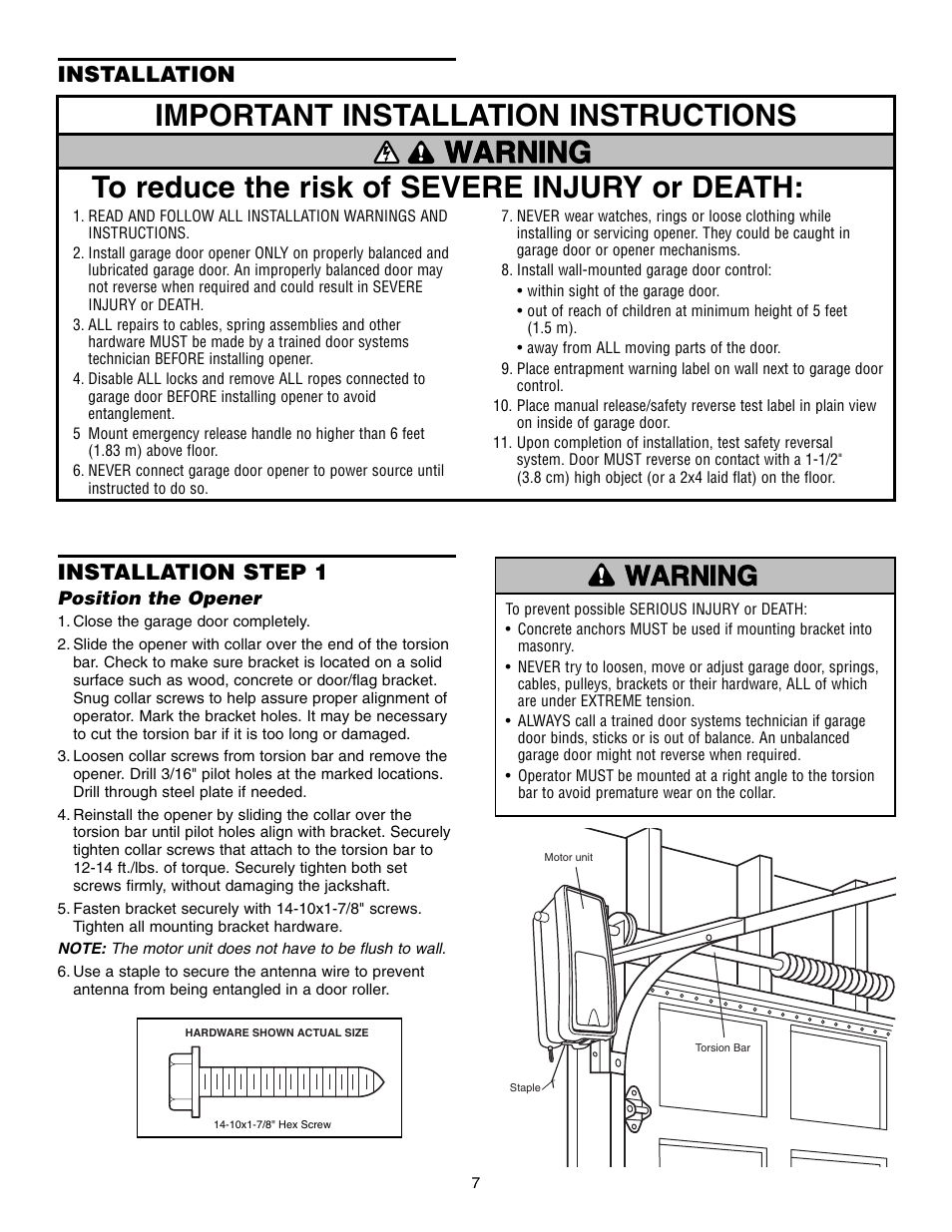 Installation, Step 1 position the opener, Warning caution warning warning | Installation installation step 1 | Chamberlain 3800 User Manual | Page 7 / 32