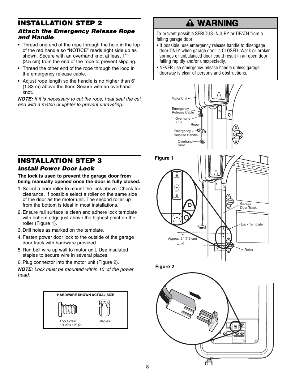 Step 3 install power door lock, Warning caution warning warning, Installation step 3 | Installation step 2, Install power door lock, Attach the emergency release rope and handle | Chamberlain 3800 User Manual | Page 8 / 32
