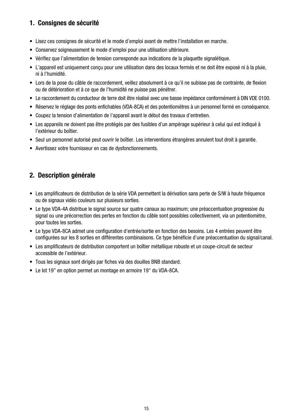 Consignes de sécurité, Description générale | Eneo VDA-4A User Manual | Page 15 / 28