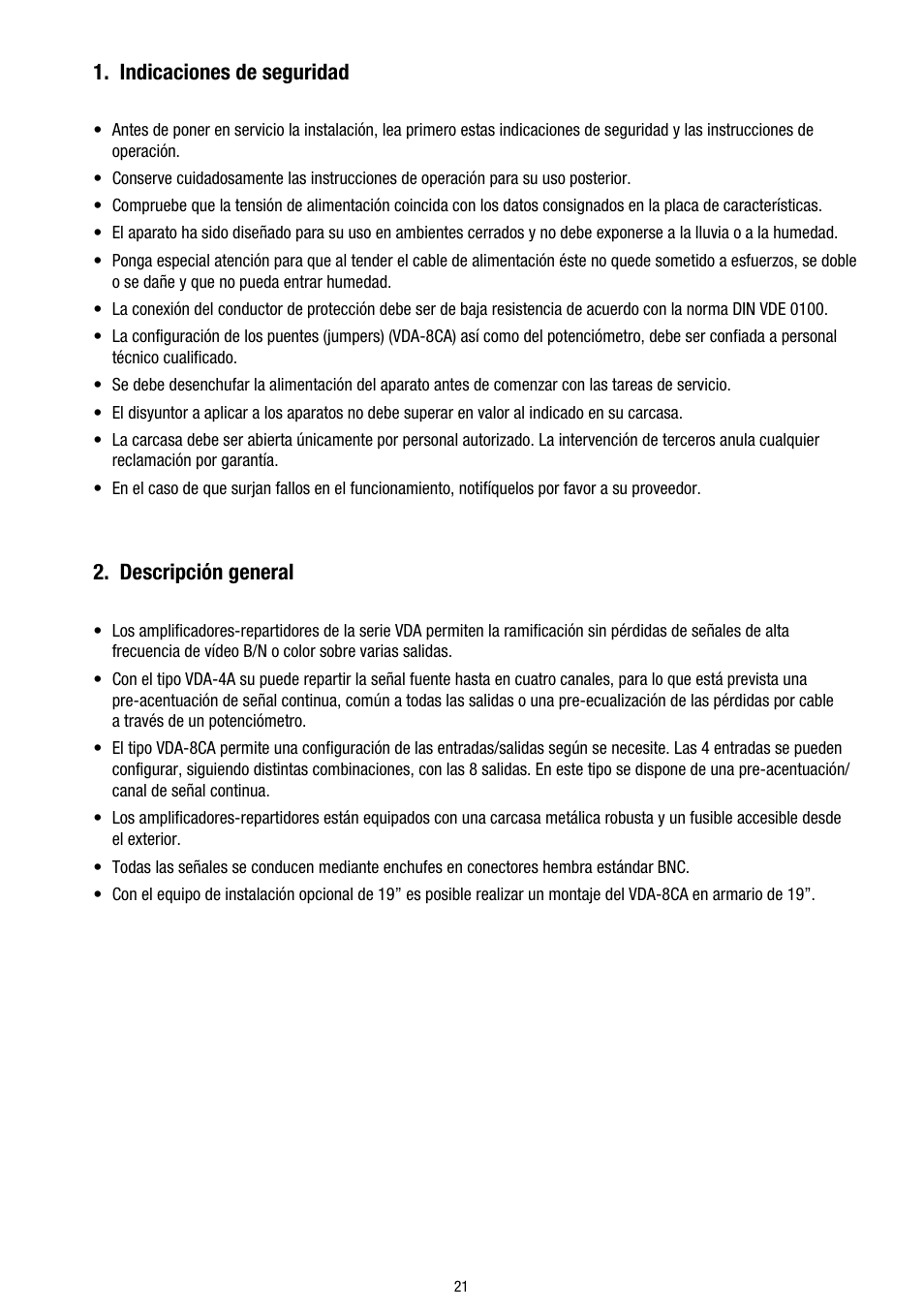 Indicaciones de seguridad, Descripción general | Eneo VDA-4A User Manual | Page 21 / 28