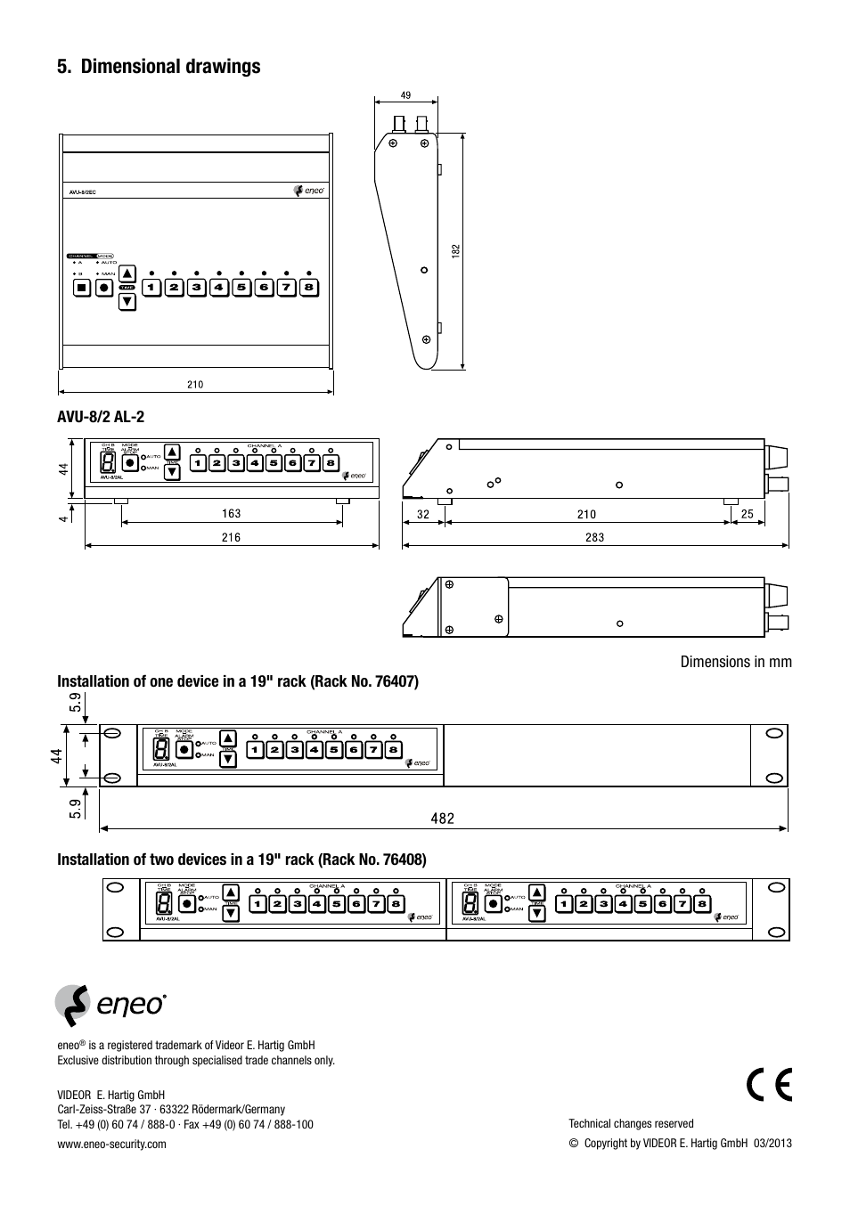 Dimensional drawings | Eneo AVU-8/2EC User Manual | Page 12 / 12