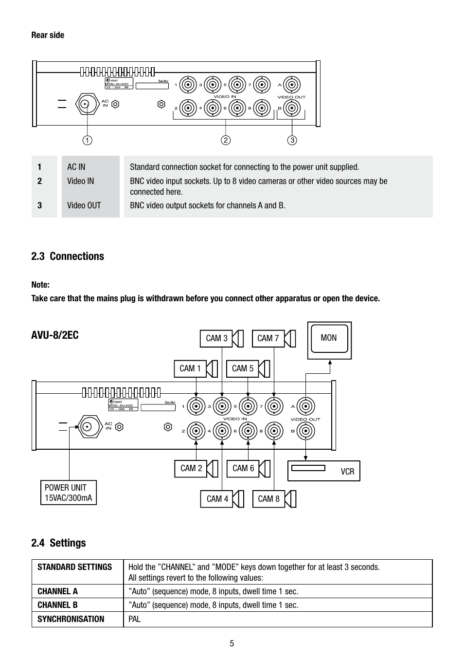 3 connections, 4 settings, Avu-8/2ec | Eneo AVU-8/2EC User Manual | Page 5 / 12