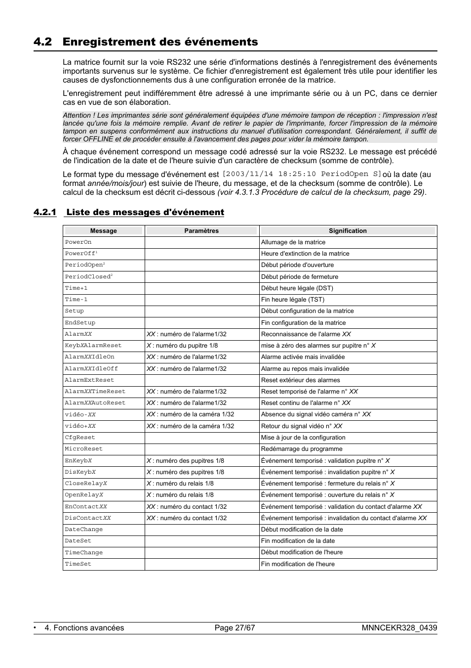 2 enregistrement des événements, 1 liste des messages d'événement | Eneo EKR-32/8 User Manual | Page 161 / 204