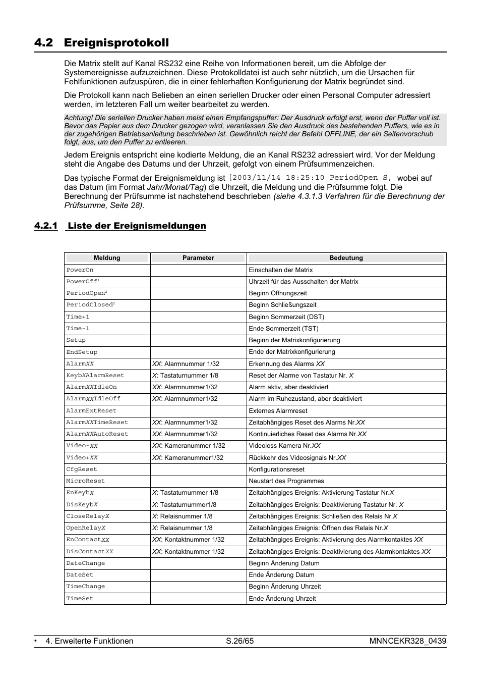 2 ereignisprotokoll, 1 liste der ereignismeldungen | Eneo EKR-32/8 User Manual | Page 28 / 204