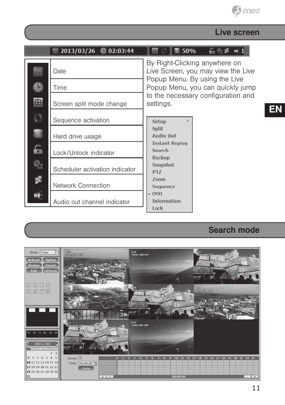 De en fr pl ru, Search mode live screen | Eneo HDR-5004AH1.0 User Manual | Page 11 / 32